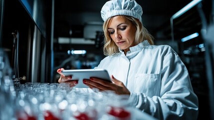 A lab technician in a sterile environment uses a tablet to control precision instruments, underscoring the importance of technology in scientific progress.