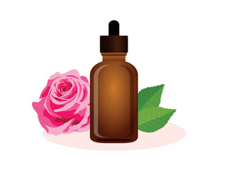 Rose facial oil in a brown glass bottle vector illustration. Rose oil vial with a dropper icon isolated on a white background. Cosmetic bottle with essential nourishing oil drawing