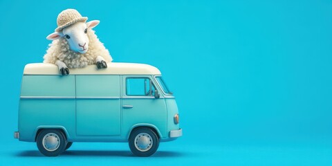 Miniature Van with Sheep Wearing Hat in a Fun Setting