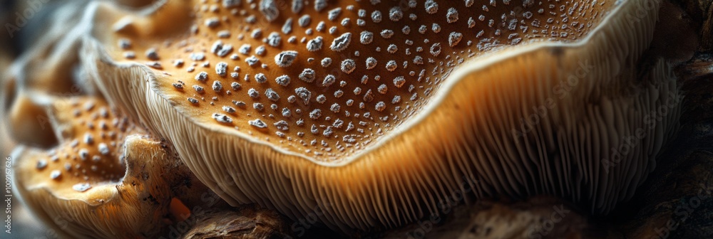 Poster mushroom spore print on softly blurred table surface, intricate patterns and textures, nature's intr