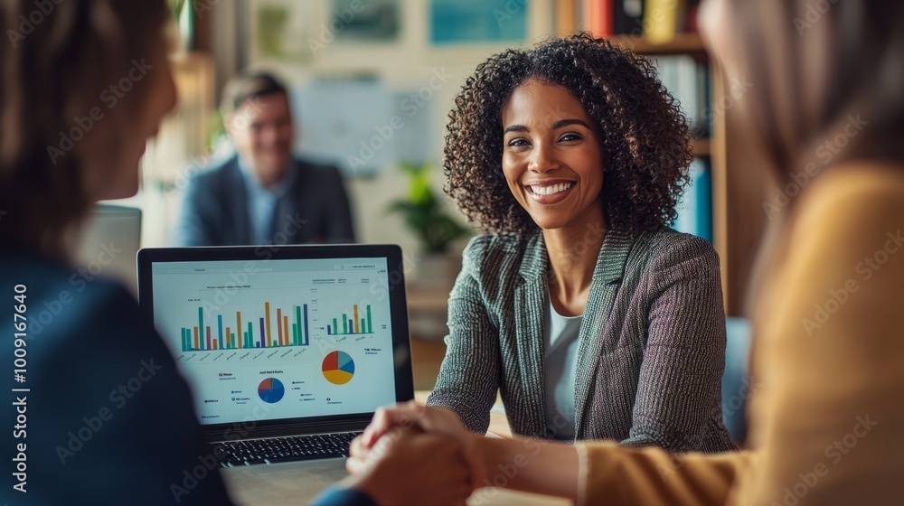 Poster a woman is smiling at a laptop displaying a graph