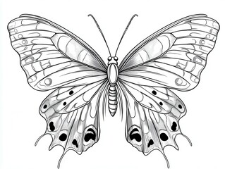Detailed line drawing of a butterfly with intricate wing patterns.