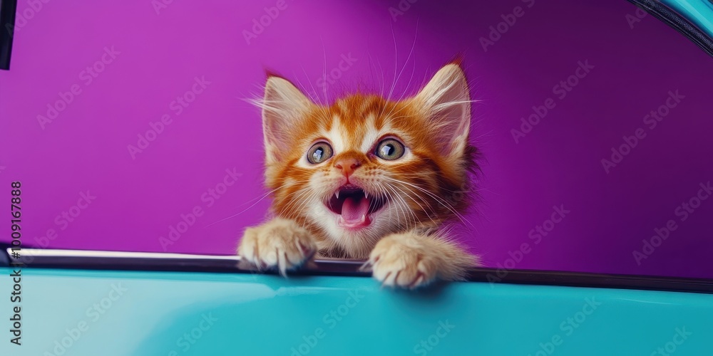 Poster tiny kitten peeking out of colorful car window