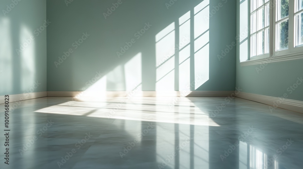 Poster a serene, sunlit empty room with a large window casting beautiful geometric shadows on a polished fl