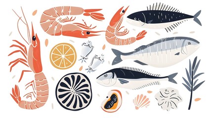 Minimalist Seafood Medley Digital with Halibut Prawns and Cockles