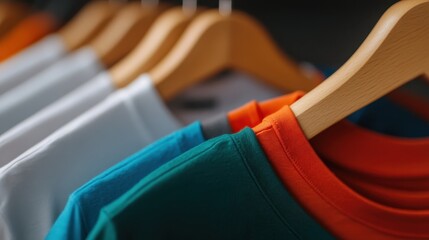 An array of colorful T-shirts hanging neatly on wooden hangers in a stylish clothing store, offering an appealing variety of apparel for fashion enthusiasts.