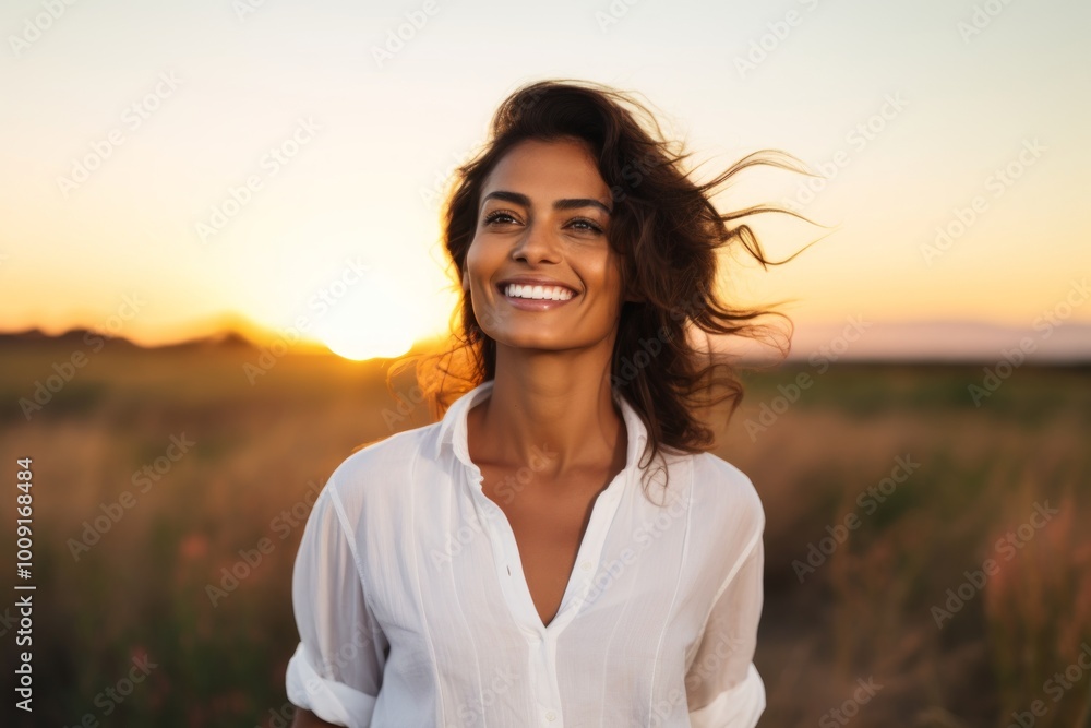 Canvas Prints Portrait of a smiling indian woman in her 30s wearing a classic white shirt in front of vibrant sunset horizon