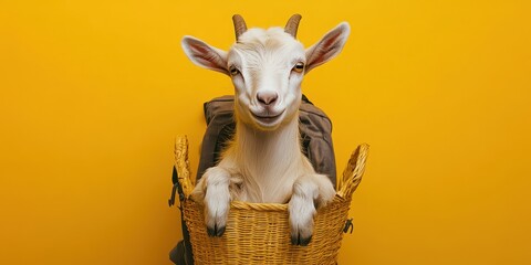 Miniature Goat in a Basket on a Bright Background