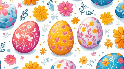 Colorful Easter Eggs with Floral Patterns and Spring Flowers