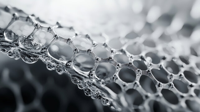 Close up of graphene membrane showcasing its intricate structure and water droplets. This highlights unique properties of graphene in filtering applications, emphasizing its potential in advanced