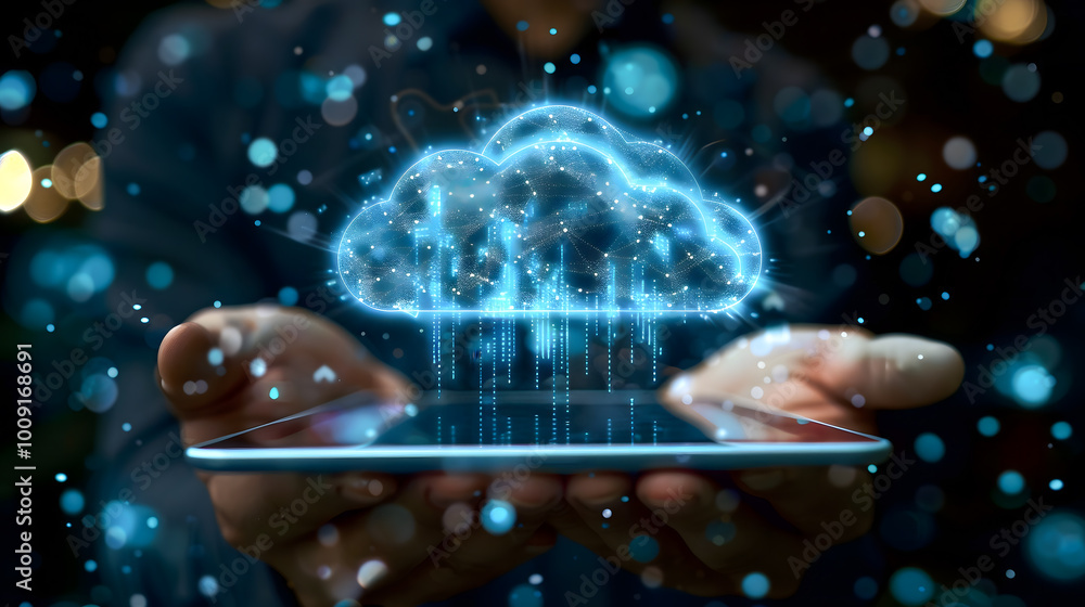Poster hands holding tablet with holographic cloud above, cyberspace technology communication concept digit