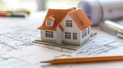 Model house surrounded by drafting tools, pencils, and blueprints, highlighting the design process.