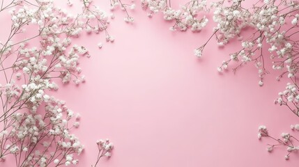 Fototapeta premium White Flowers Border on Pink Background