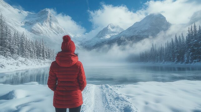 person clad in a striking red jacket standing on pristine snow with a frozen lake and majestic mountains creating a breathtaking backdrop cold blue skies contrasting with warm outerwear
