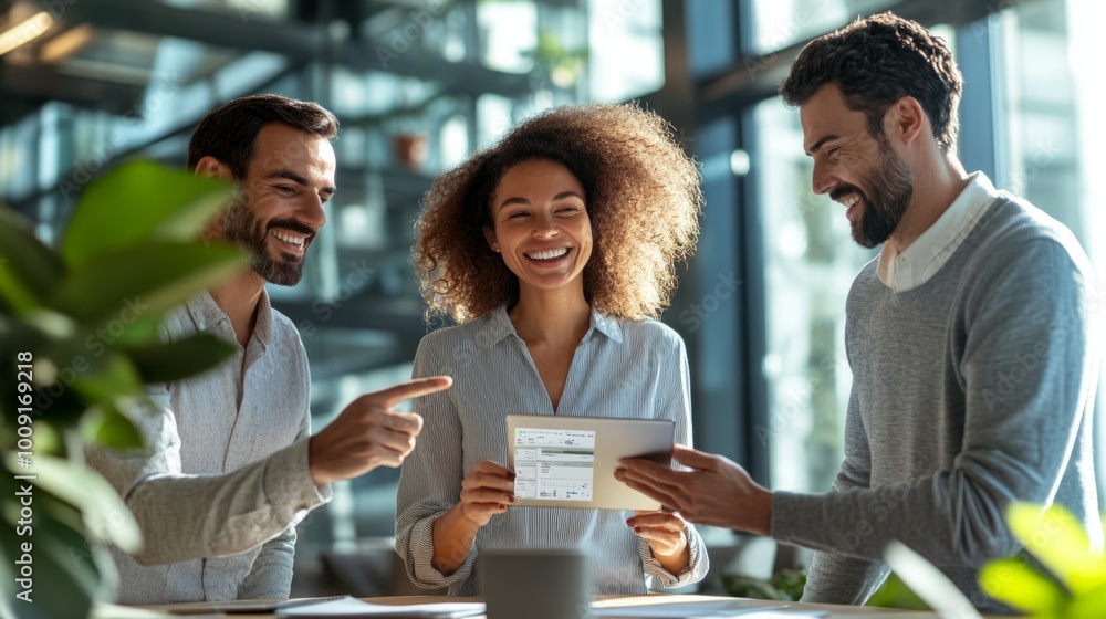 Poster three people are sitting around a table, smiling and pointing at a tablet