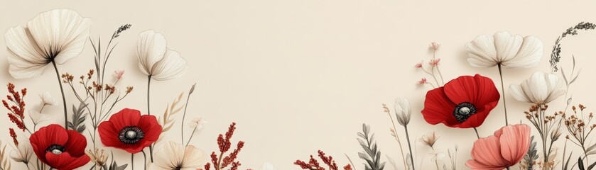 Red Poppy Flowers with Dried Wildflowers on Beige Background