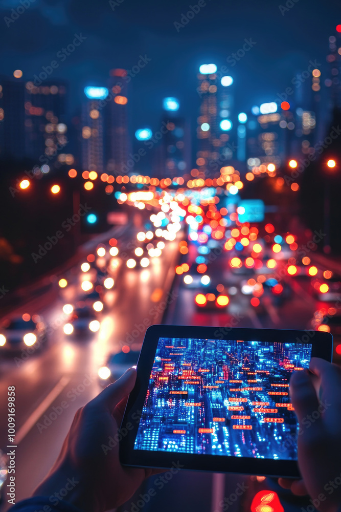 Poster a person interacts with a tablet showing data analysis while overlooking a bustling city street illu