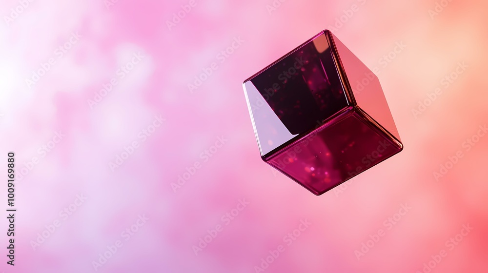 Poster the image contains a pink, glass cube floating in the air against a pink and orange blurred backgrou