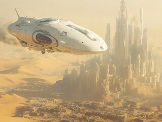 a futuristic cityscape with towering skyscrapers, where a high-speed spaceship is flying through a desert landscape.