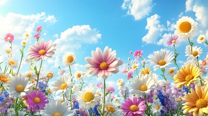 Blooming Wildflowers Against Blue Sky With Clouds
