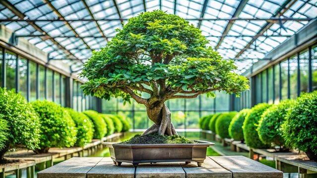 Elegant ficus bonsai tree with dense foliage in a lush greenhouse silhouette