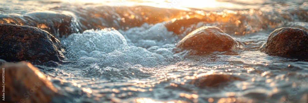 Poster rushing river with sharp rocks and softly blurred rapids, capturing the energy of nature in motion, 