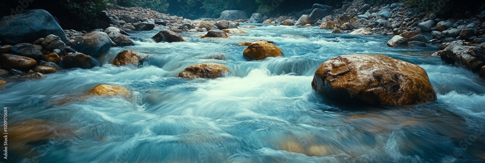 Poster Swift River Flow with Sharp Rocks, Distant Rapids Create a Dynamic Scene, Nature's Motion Captured in Vibrant Detail