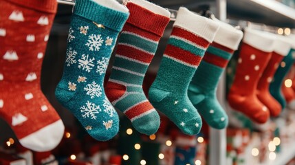 Colorful Christmas stockings hanging on a festive display with warm lights in the background.