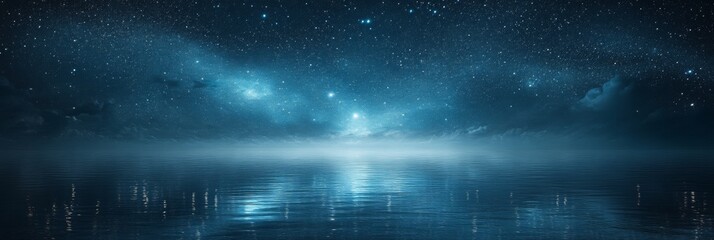 Starry night sky above tranquil ocean, shimmering reflections on water, gentle horizon blending with celestial beauty