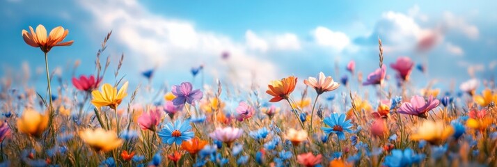 Vibrant Wildflower Field Beneath Dynamic Sky, Colorful Petals Dance Amidst Blurred Clouds, Nature's Beauty in Motion