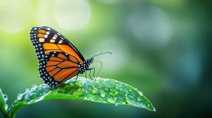 Fototapeta premium A monarch butterfly rests on a dew-covered leaf.