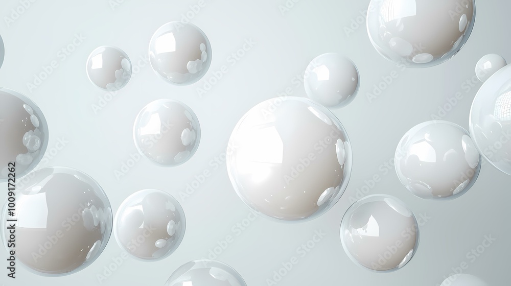 Poster the image contains many white spheres suspended in light grey space. this abstract image showcases a