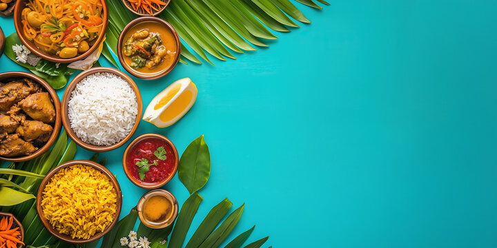 Onam food with sadhya rice on teal blue background. Traditional food onasadya. Happy Onam festival. Indian religious concept. Template with copy-space for banner, poster, greeting card