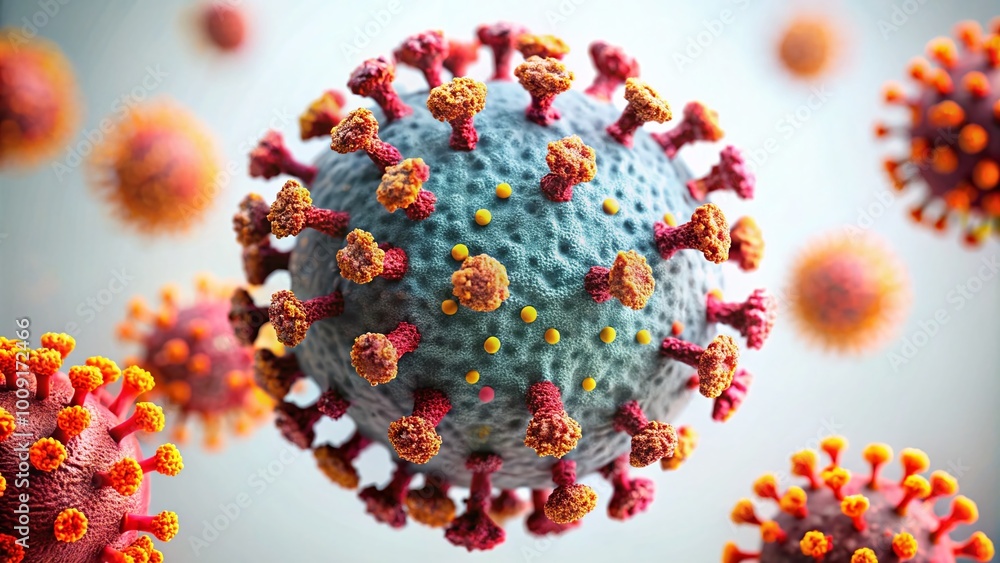 Poster coronavirus in a microscopic view on a clean white background highlighting its structure and details