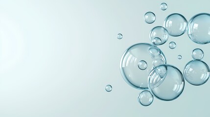 A cluster of transparent  bubbles floats against a light blue background.