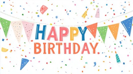 Happy Birthday Banner with Confetti: Colorful and festive, this digital illustration features a cheerful "Happy Birthday" banner strung with flags, adorned with confetti.