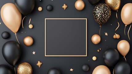 Black and Gold Celebration: A minimalist and elegant backdrop for your next event invitation or announcement. Featuring a black square frame surrounded by black and gold balloons, confetti, and stars.