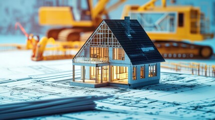 Blueprint of a building project with a model house used for reference, set against a backdrop of construction activity.