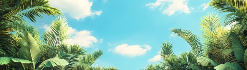 Tropical Palm Tree Leaves and Blue Sky with Clouds   Summer Vacation Background