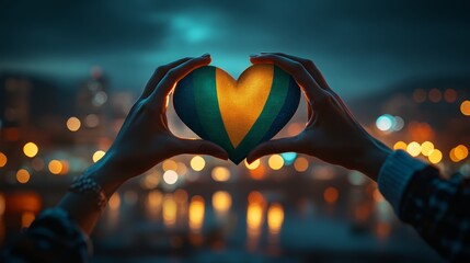 Heart Shaped Flag of Guyana in Hands Against City Lights at Night
