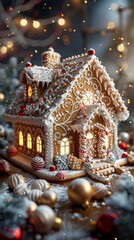 Fototapeta premium This gingerbread house features delicate icing designs, candy canes framing the structure, gumdrops along the edges, and chocolate tiles neatly covering the roof