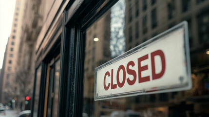 Obraz premium Closed sign on the glass door of a shop with urban cityscape background