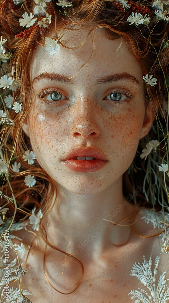 Poster Redhead Woman with Flowers in Her Hair - Portrait of Beauty