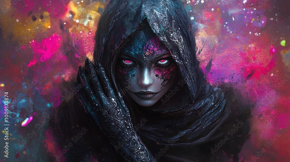 Poster a mystical figure in a dark cloak, adorned with intricate patterns and vibrant colors.