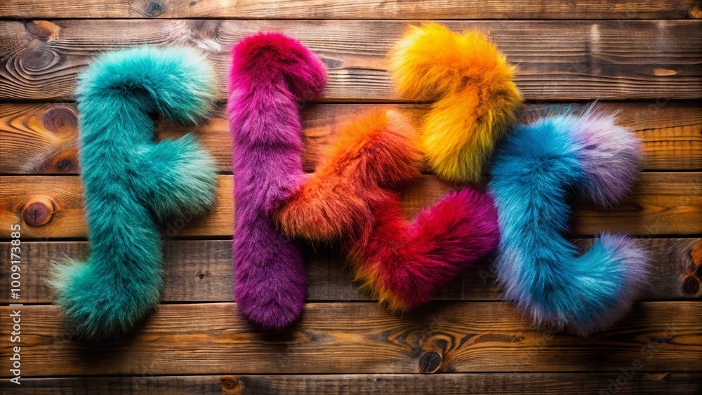 Poster cozy and soft fur letters displayed on a rustic wooden background for creative design projects