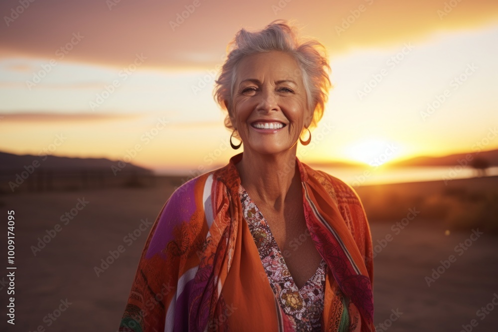 Canvas Prints Portrait of a grinning woman in her 60s wearing a chic cardigan on vibrant sunset horizon