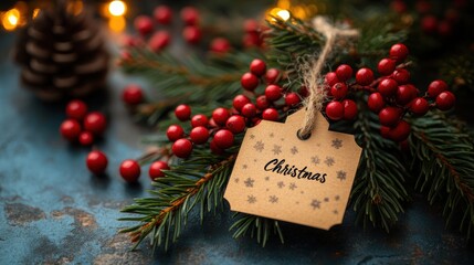 A festive Christmas card tag adorned with snowflakes nestled among beautiful, vibrant red berries and evergreen branches on a rustic, textured background