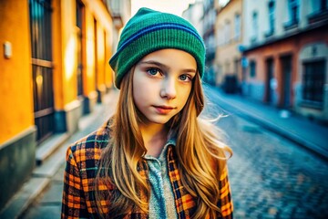 Fototapeta premium Cozy and Stylish Petite Teen Fashion: Trendy Outfit for Young Girls in a Bright Urban Setting
