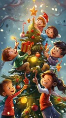 Children are decorating a Christmas tree with their handmade ornaments, sharing smiles and laughter in a warm, holiday atmosphere