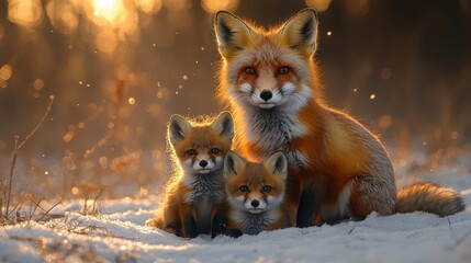 Obraz premium photo of a fox with her babies in a serene winter landscape soft white snow blankets the ground warm light creates a contrast with cool tones intimate family moment captured beautifully